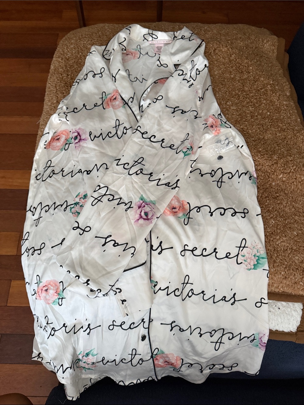 Victoria's Secret White Satin Pajama Top with Black Script & Pastel Floral